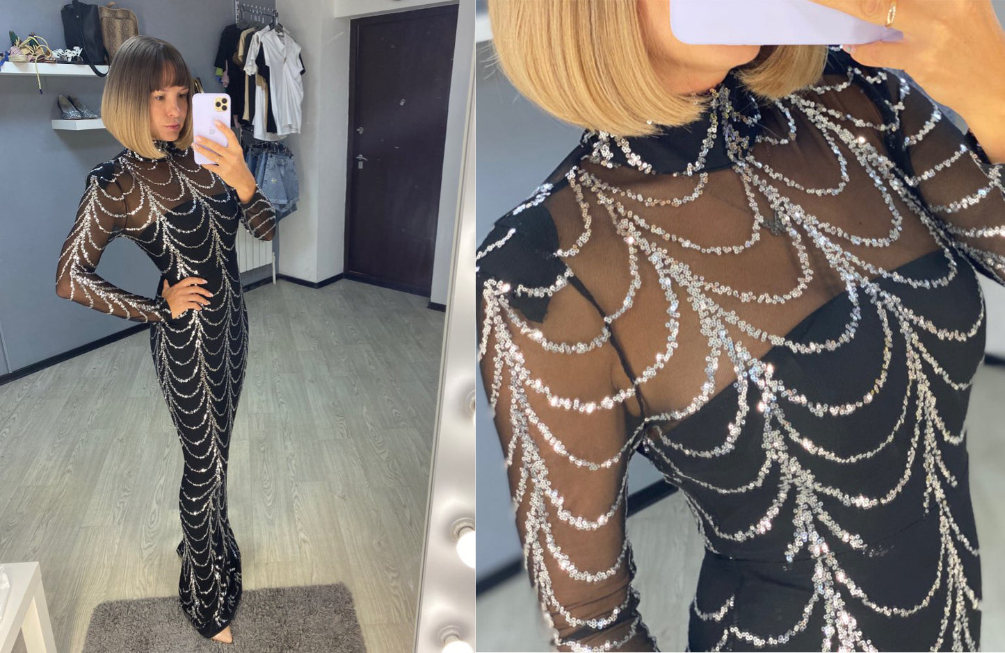 Sequined Long Sleeve Maxi Dress